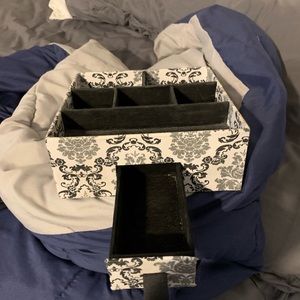 black and white makeup organizer.